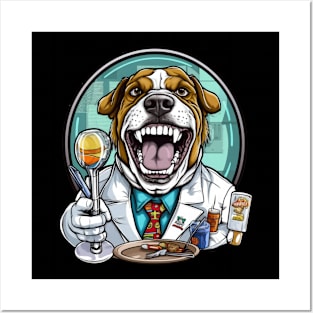 an English Bulldog wearing a dentist's coat and a head mirror, holding a small toothbrush Posters and Art